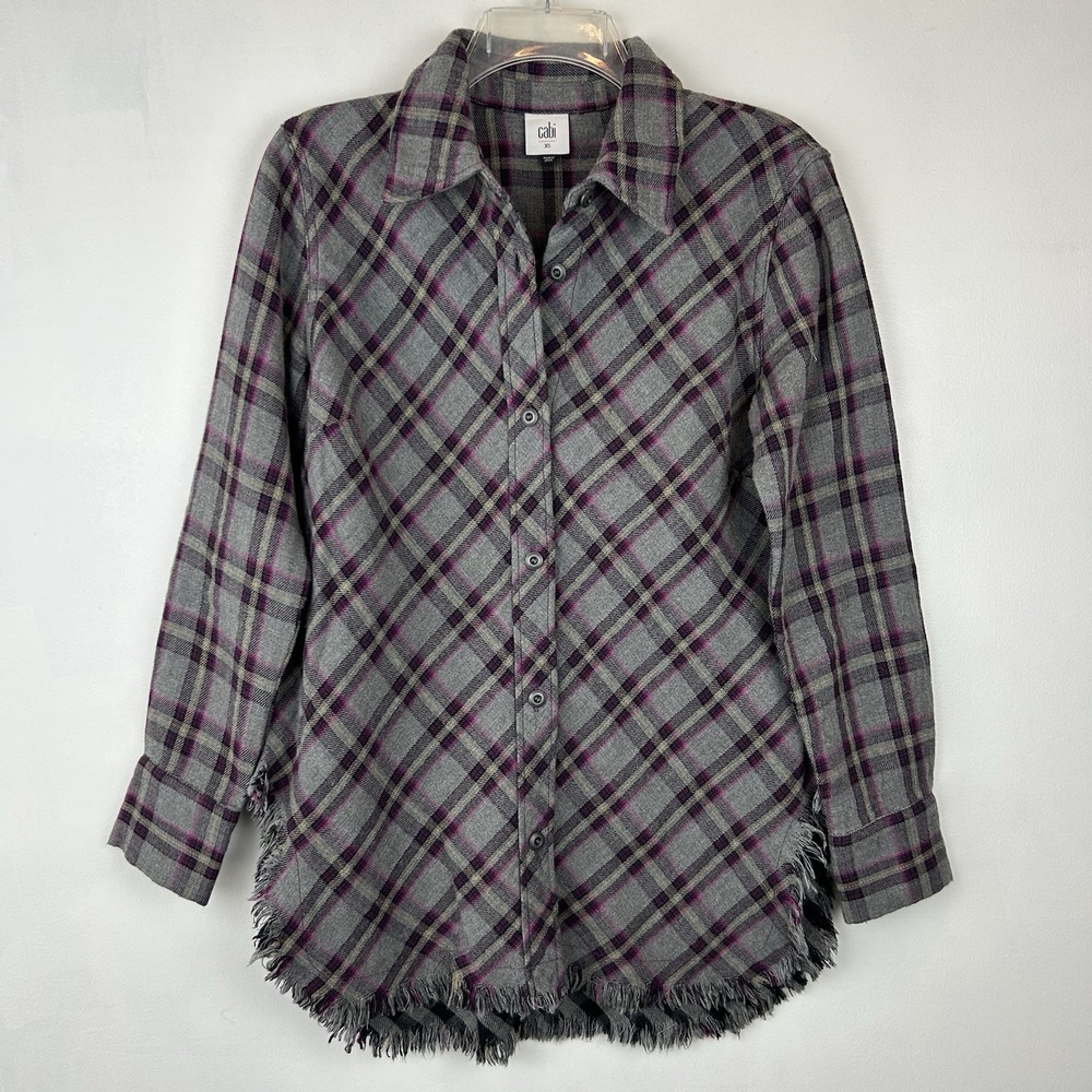 Cabi Highland Flannel Womens XS Raw Hem Shirt Gray Purple Plaid Casual Fall